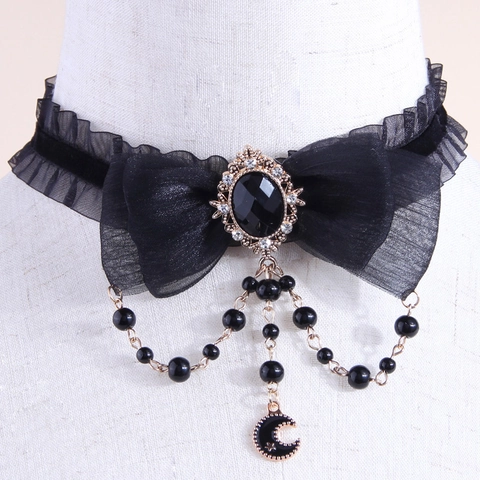 Gothic Lace Bow Choker Necklace For Women Vintage Palace Cameo Pendant With Artificial Pearl Rhinestone Halloween Jewelry