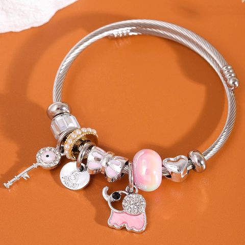 Bracciale Rigido Corda Intrecciata Acciaio Inossidabile Donna Lega Strass Elefante Chiave Cuore Malocchio Gioielli