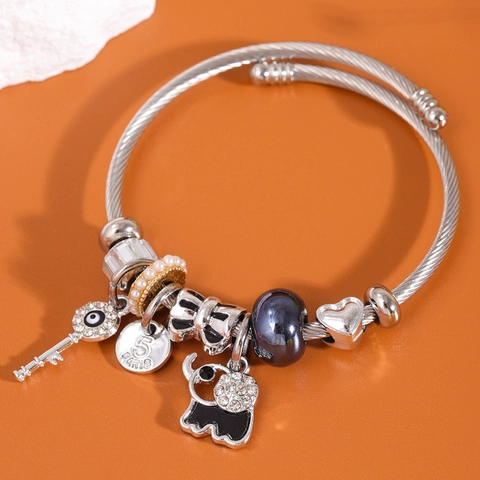 Bracciale Rigido Corda Intrecciata Acciaio Inossidabile Donna Lega Strass Elefante Chiave Cuore Malocchio Gioielli