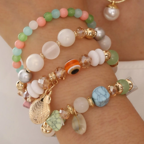 Boho Perlen Armband Für Damen Muschel Anhänger Böser Blick Muster Mehrlagig Harz Glasperlen Exotischer Schmuck Armreif