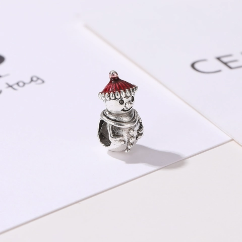 Christmas Snowman Enamel Charm Bead For DIY Bracelet Jewelry Making Alloy Silver Red Festive Pendant For Women Girls Gift