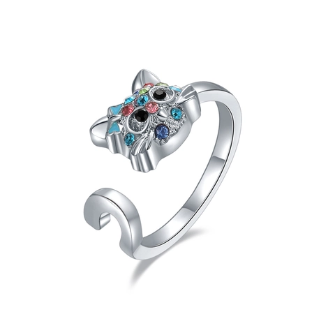 Creatieve Legering Kat Open Verstelbare Ring Voor Kinderen Gekleurde Strass Dier Vingerring Schattig Sieraden Cadeau