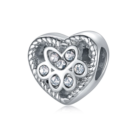 Legierung Herz Pfotenabdruck Charm Perle Mit Strass Versilbert Haustier Tier Zwischenperlen Für DIY Armband Halskette Handgefertigt