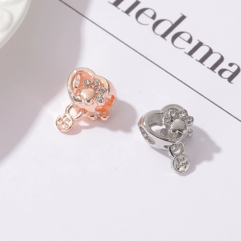 Cartoon Animal Paw Print Heart Charm Alloy Rhinestone DIY Bead For Fur Mom Bracelet Jewelry Making Accessories