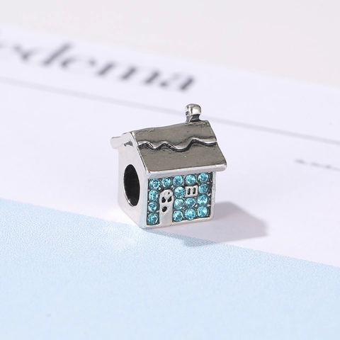 Alloy Blue Rhinestone Igloo House Charm With Ghost Pattern For DIY Jewelry Making Bracelet Christmas Holiday Gift Bead