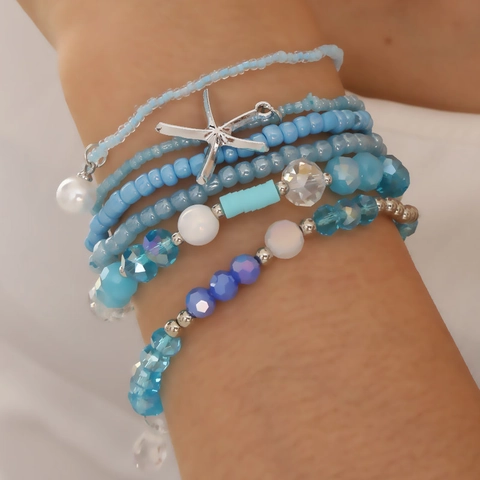 Boho Mehrlagige Perlen Armband Für Damen Mit Seestern Anhänger Künstliche Perle Strass Handgefertigt Armreif Schmuck