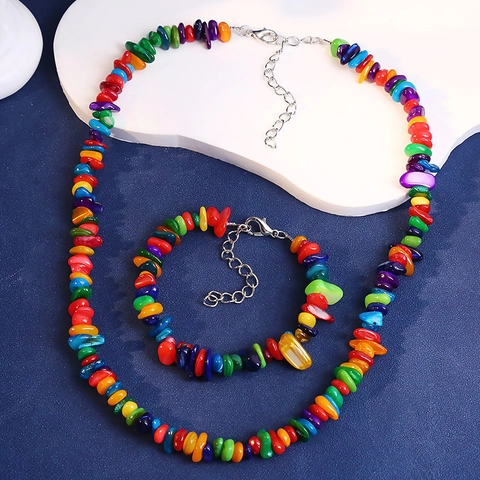 Boho Unregelmäßige Naturstein Kristall Halskette Und Armband Schmuck Für Damen Handgefertigte Bunte Fragment Schlüsselbeinkette