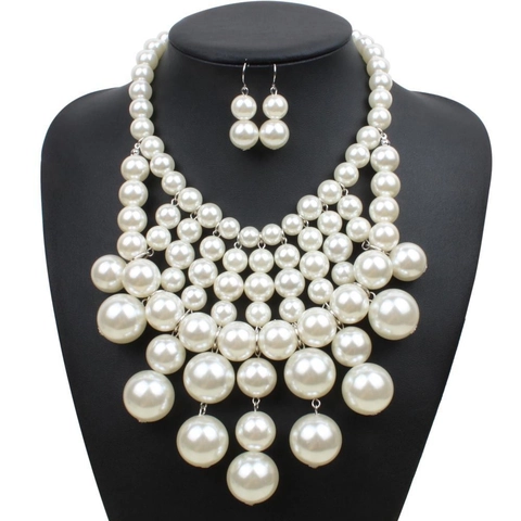 Elegante Collana di Perle Artificiali Multistrato E Orecchini a Pendente per Donna Matrimonio Festa Sposa Gioielli Statement