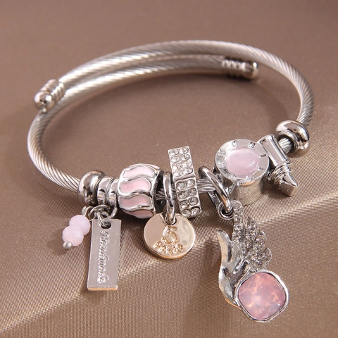 Edelstahl Offener Armreif Charm Armband Für Damen Verstellbares Gedrehtes Drahtarmband Mit Engelsflügeln Strass Anhänger Paris 5 Münze