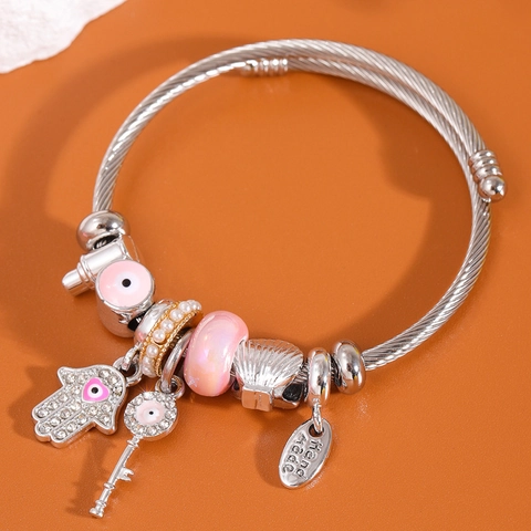 Bracciale con Ciondoli in Lega di Acciaio Inossidabile per Donna Strass Mano di Fatima Occhio di Allah Perla Nappina