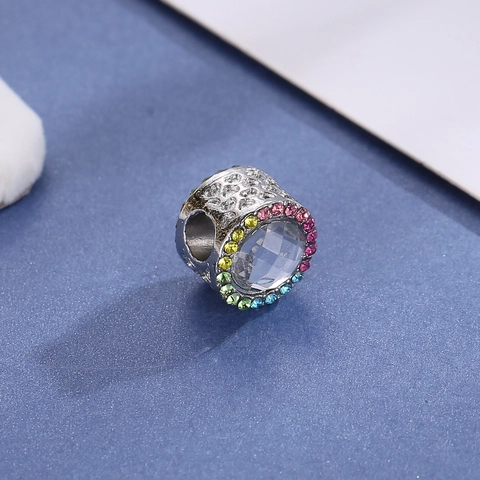 Alloy Rhinestone Round Charm Bead With Large Crystal Colorful Gradient Hollow Design For DIY Bracelet Necklace Jewelry