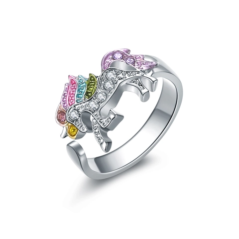 Cartoon Eenhoorn Verstelbare Open Ring Voor Kinderen Gekleurde Emaille Zirkonia Ingelegde Goud Zilver Vergulde Ring