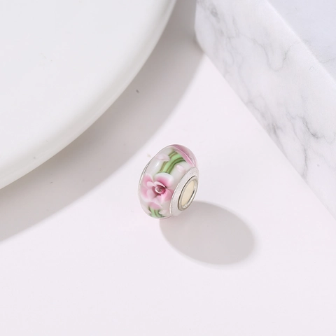 Lampwork Glas Rosa Blume Perle Großes Loch Kirschblüte Charm Für DIY Armband Halskette Schmuckherstellung Damen