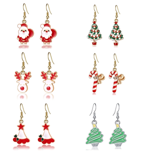 Kerst Emaille Druppel Oorbellen Set Voor Dames Legering Strass Kerstman Kerstboom Zuurstok Rendier Sieraden Cadeau