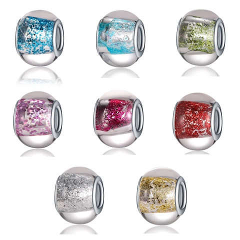 Large Hole Glass Beads With Glitter For DIY Jewelry Making Round Transparent Crystal Charms For Bracelet Necklace Women