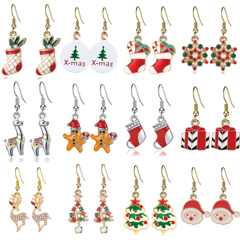 Kerst Emaille Druppel Olie Oorbellen Feestelijke Kerstman Rendier Sneeuwvlok Boom Sok Legering Sieraden Voor Vrouwen