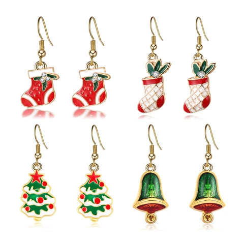 Orecchini Pendenti in Lega di Smalto a Forma di Albero di Natale Campana Calza per Donna Strass Gioielli per Feste Natalizie Regalo