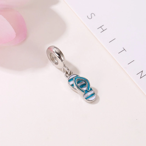 Alloy Summer Ocean Style Flip-Flop Pendant Blue Striped Enamel Drip Oil Charm For DIY Jewelry Making Bracelet Accessories