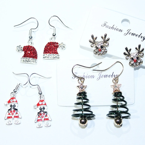 Alloy Christmas Tree Reindeer Earring Zirconia Enamel Santa Claus Snowfall Drop Earrings For Women Holiday Party Festive Jewelry