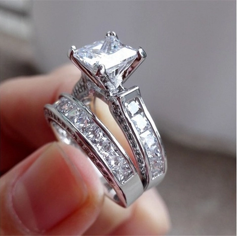 Luxurious Silver Plated Alloy Princess Cut Zirconia Wedding Engagement Ring Set For Women Geometric Bridal Finger Rings