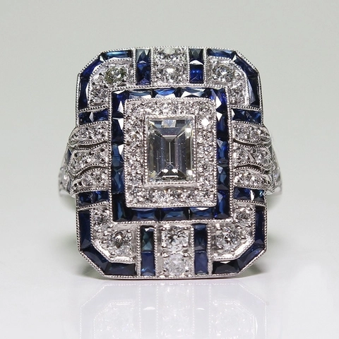 Vintage Art Déco Quadratisch Blau Zirkonia Kupfer Ring Für Damen Westlicher Stil Geometrisch Strass Eingelegt Bankett Schmuck Geschenk