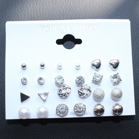 Multiple Styles Stud Earrings Set For Women Gold Silver Plated Alloy Heart Faux Artificial Pearl Rhinestone Geometric Jewelry Assorted Set