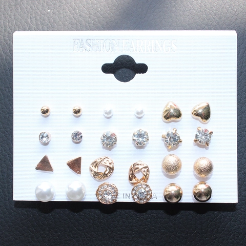 Multiple Styles Stud Earrings Set For Women Gold Silver Plated Alloy Heart Faux Artificial Pearl Rhinestone Geometric Jewelry Assorted Set