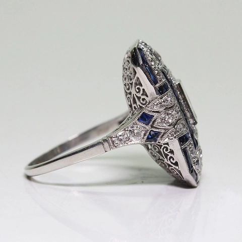 Vintage Art Déco Quadratisch Blau Zirkonia Kupfer Ring Für Damen Westlicher Stil Geometrisch Strass Eingelegt Bankett Schmuck Geschenk