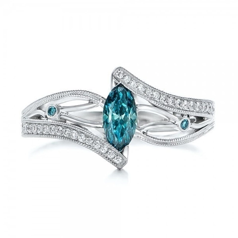Luxury Alloy Aquamarine Blue Topaz Wedding Ring For Women Vintage Marquise Cut Engagement Ring Bypass Jewelry Gift