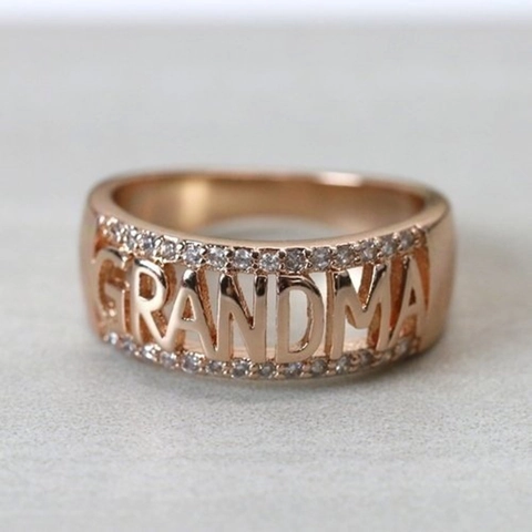 Alloy Zirconia GRANDMA Letter Ring For Women Rose Gold Gold Silver Plated Hollow Rhinestone Mother's Day Jewelry Gift