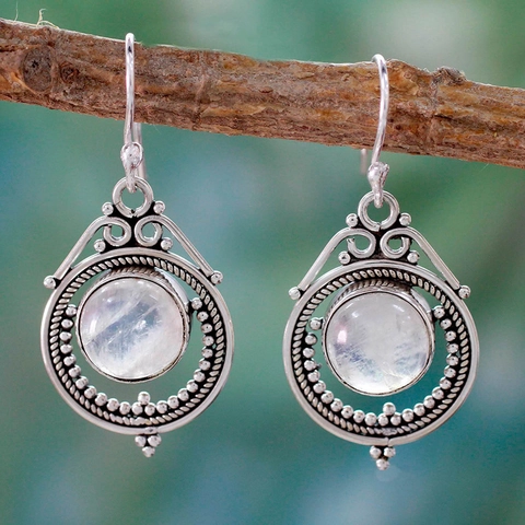 Vintage Alloy Moonstone Drop Earrings Bohemian Antique Silver Color Round Gemstone Hook Earrings For Women Fashion Jewelry
