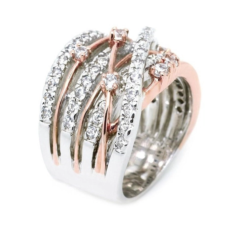 European American Fashion Two Tone Alloy Ring For Women Multi Layer Interlaced Zirconia Cross Band Ring Wedding Jewelry