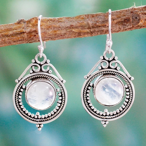 Vintage Alloy Moonstone Drop Earrings Bohemian Antique Silver Color Round Gemstone Hook Earrings For Women Fashion Jewelry