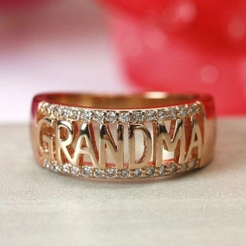 Alloy Zirconia GRANDMA Letter Ring For Women Rose Gold Gold Silver Plated Hollow Rhinestone Mother's Day Jewelry Gift