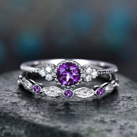 Vintage Copper Ring Set For Women With Round Purple Green Blue Rhinestone Gemstone Fashion Couple Wedding Engagement Rings Jewelry