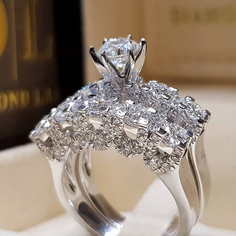 Luxurious Alloy Zirconia Wedding Ring Set For Women Hearts And Arrows Geometric Full Rhinestone Couple Ring Jewelry