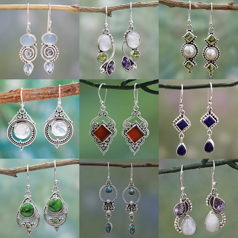 Vintage Bohemian Alloy Drop Earrings With Moonstone Rhinestone Water Drop Geometry Earrings For Women Colorful Stones Jewelry