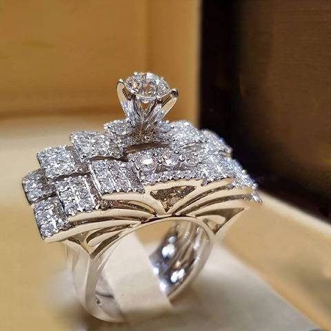 Luxury Round Zirconia Stackable Wedding Ring For Women White Gold Tone Alloy Inlaid Radiant Engagement Bridal Jewelry