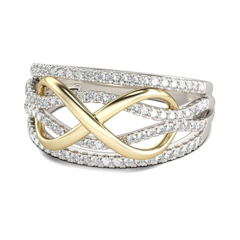 Luxus Zweifarbig Legierung Unendlichkeit Ring Für Damen Vergoldet Zirkonia Pflastern Eingelegt Kreuz Design Hochzeit Party Mode Schmuck