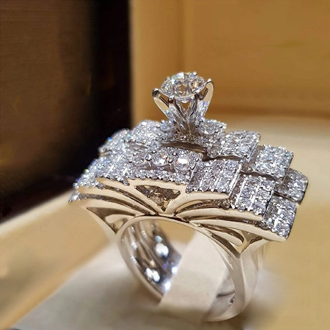 Luxury Round Zirconia Stackable Wedding Ring For Women White Gold Tone Alloy Inlaid Radiant Engagement Bridal Jewelry
