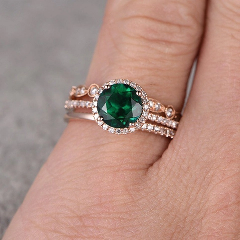 Vintage Rose Gold Plated Round Green Zirconia Stackable Ring For Women Luxury Halo Simulated Emerald Jewelry Finger Ring