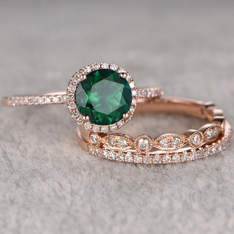 Vintage Rose Gold Plated Round Green Zirconia Stackable Ring For Women Luxury Halo Simulated Emerald Jewelry Finger Ring