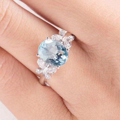 Vintage Alloy Oval Sea Blue Rhinestone Butterfly Engagement Ring For Women Fashion Jewelry Wedding Banquet Party Finger Ring