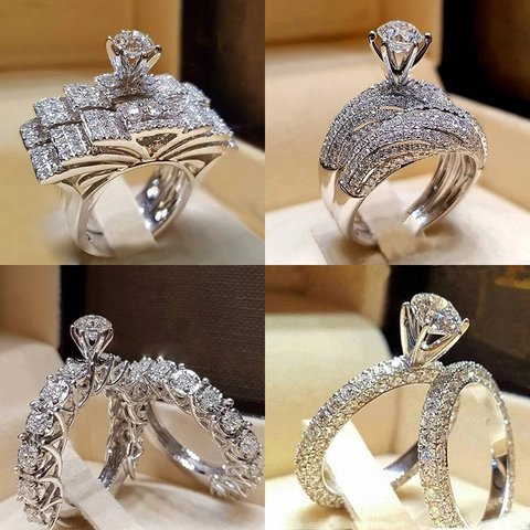 Fashion Zirconia Wedding Ring Set For Women Alloy Engagement Bridal Jewelry Set Multi Layer Geometric Rhinestone Inlaid Ring
