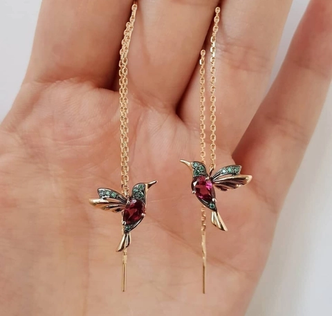 Orecchini A Filo Colibrì Catena Lunga Rame Strass Colorati Gioielli Animali Ear Cuff Per Donna