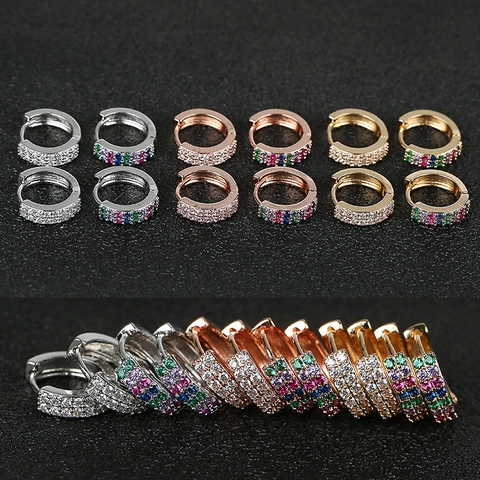 Double Row Zircon Copper Huggie Hoop Earrings Gold Silver Rose Gold Plated Colorful White Crystal Ear Buckle Women Jewelry