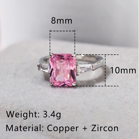Elegant Pink Zirconia Copper Ring Square Cut Three Stone Wedding Ring For Women White Gold Plated Romantic Jewelry Gift