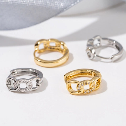 Exquisite Copper Zirconia Chain Link Huggie Hoop Earrings 18K Gold Plated Hollow Out Dainty Jewelry For Women Wedding Daily