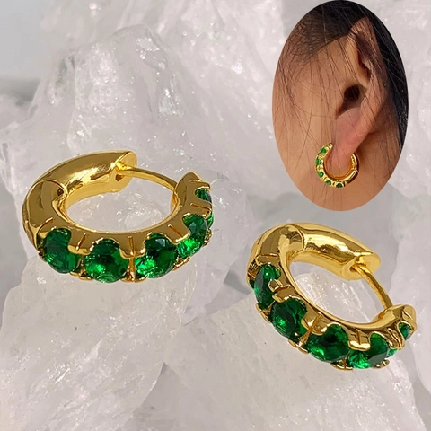 Vintage Luxus Vergoldete Kupfer Creolen Mit Grün Weiß Zirkonia Kristall Elegante Kleine Runde Ohrringe Für Damen Schmuck