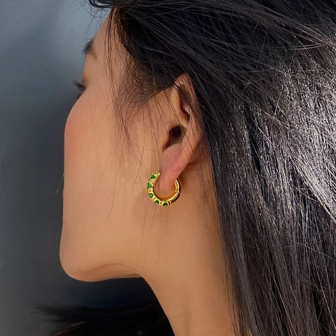 Vintage Luxus Vergoldete Kupfer Creolen Mit Grün Weiß Zirkonia Kristall Elegante Kleine Runde Ohrringe Für Damen Schmuck